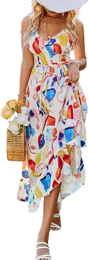 Summer Midi Dress for Women Spaghetti Strap V Neck Floral Sundress a Line Swing Beach Dress