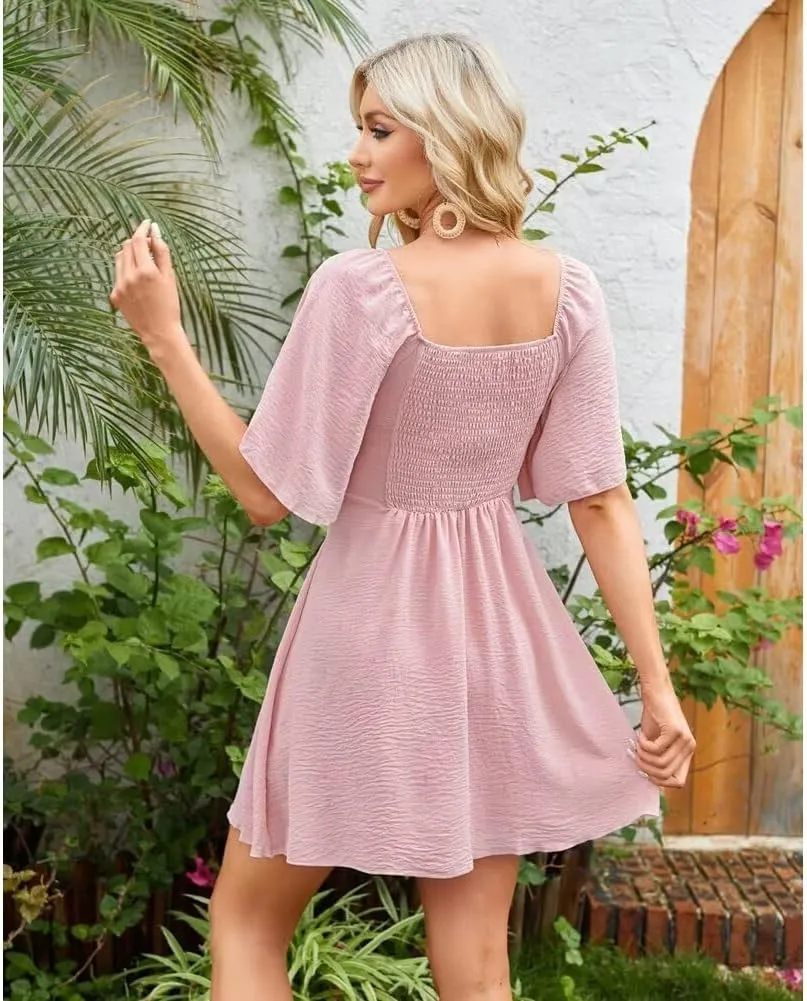 Sundresses For Women 2025 Beach Dress Casual Short Sleeve Bow Tie V Neck Ruffle Mini Dresses