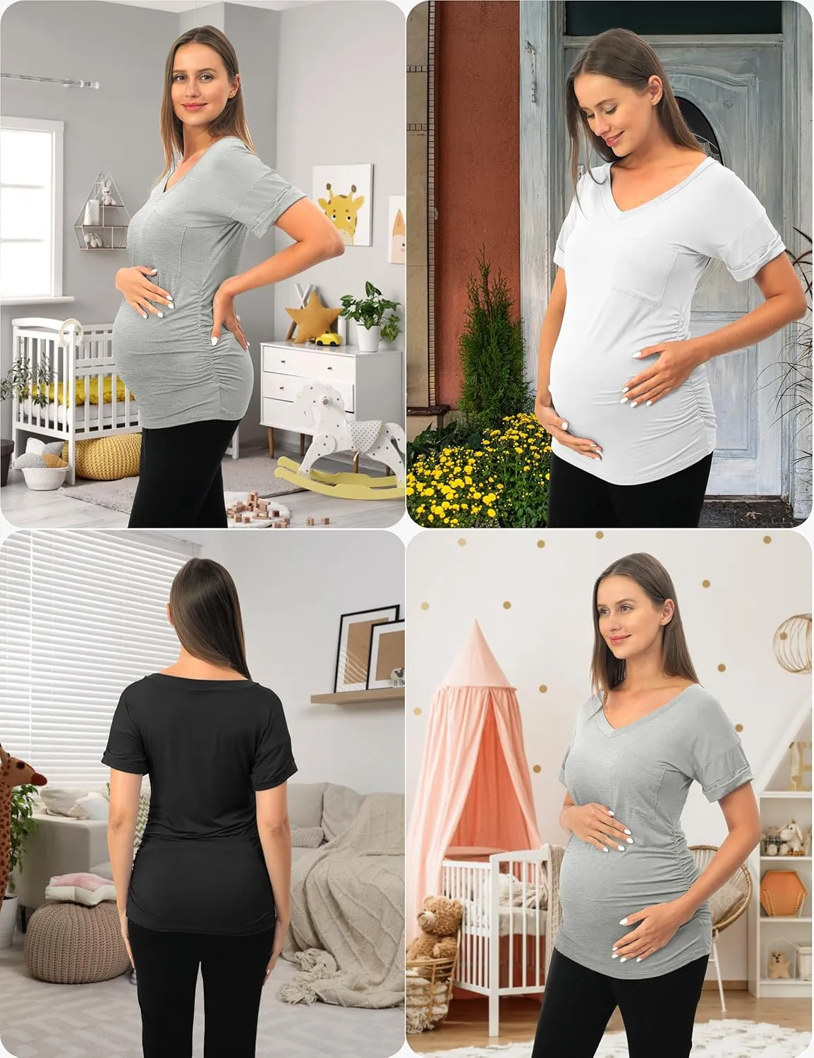 SUNNYBUY 3 Pack Womens Maternity Tops Side Ruched Maternity Shirts Pregnancy Clothes V Neck