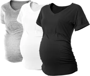 SUNNYBUY 3 Pack Womens Maternity Tops Side Ruched Maternity Shirts Pregnancy Clothes V Neck