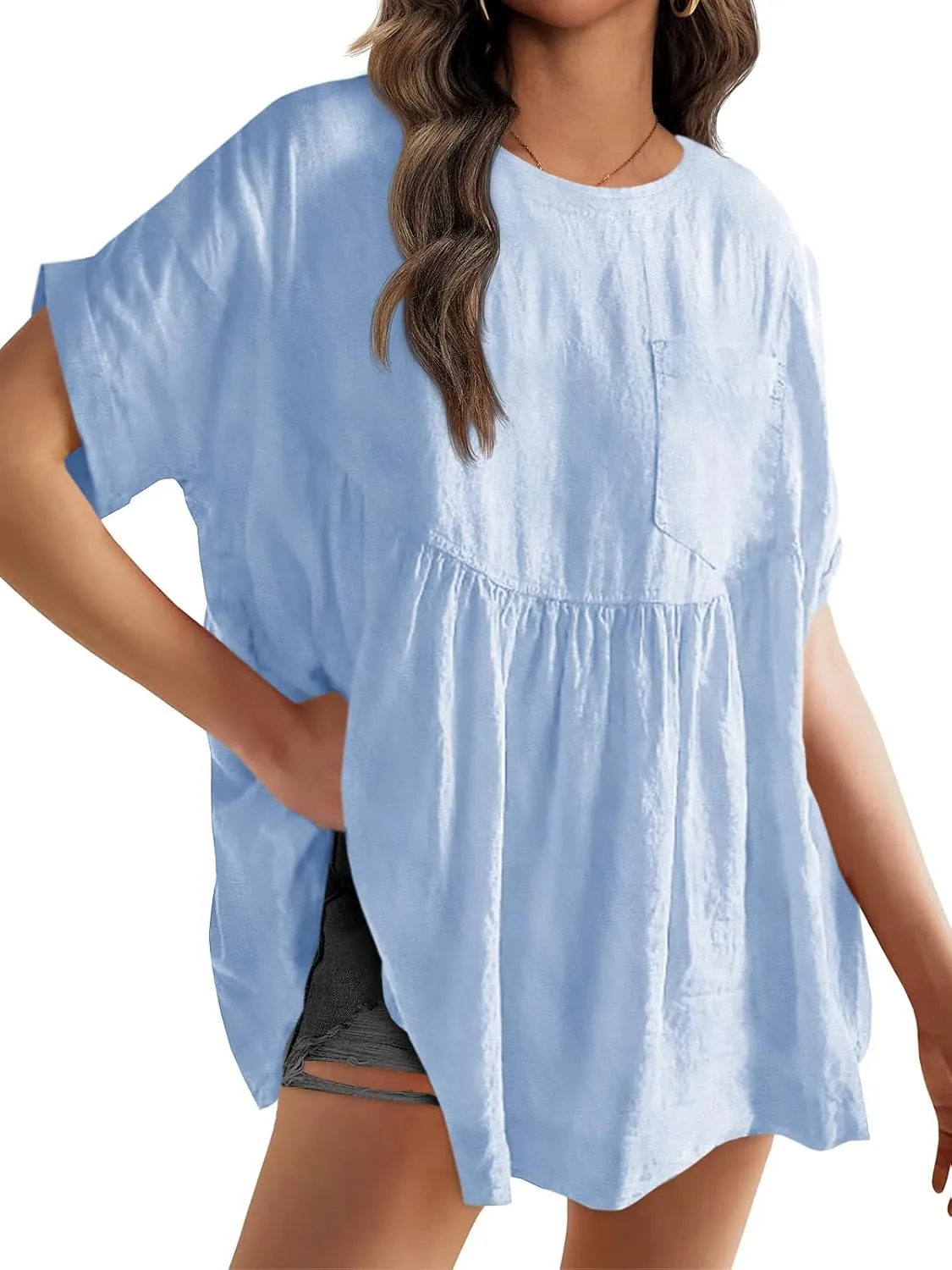 Tankaneo Womens Summer Babydoll Tops Casual Loose Fit Peplum Oversized Tunic Shirts