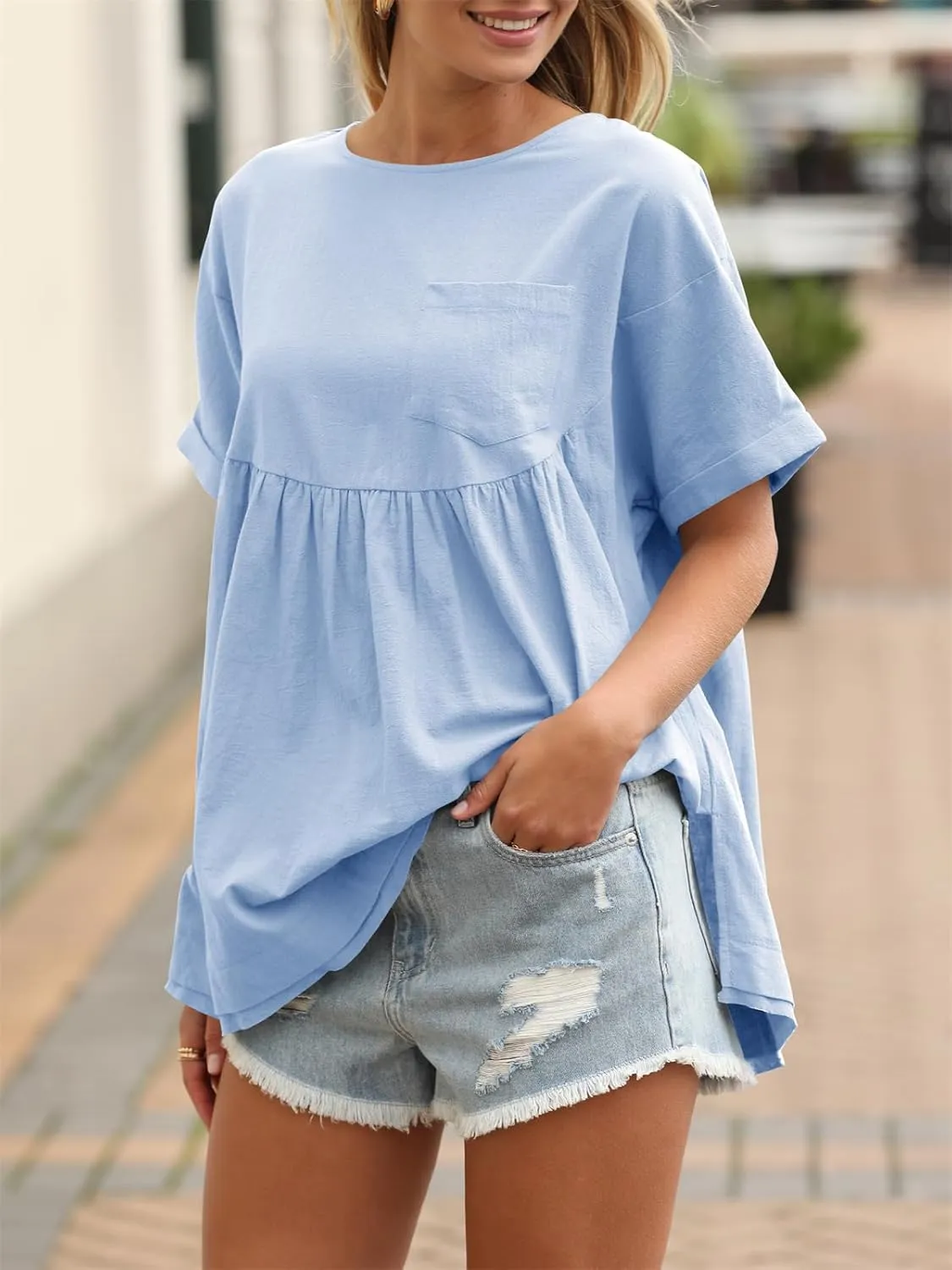 Tankaneo Womens Summer Babydoll Tops Casual Loose Fit Peplum Oversized Tunic Shirts