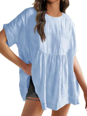 Tankaneo Womens Summer Babydoll Tops Casual Loose Fit Peplum Oversized Tunic Shirts