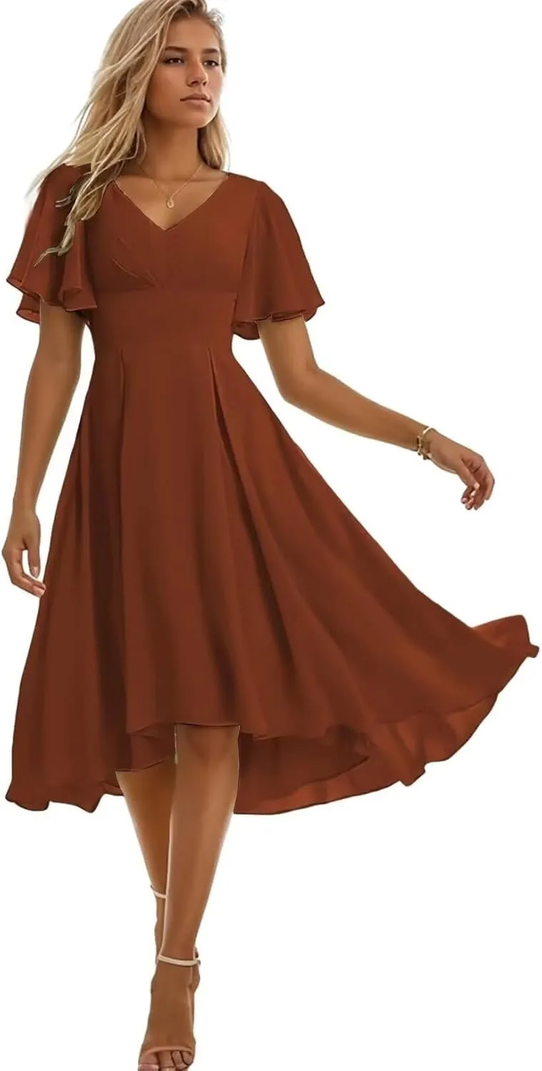 Tea Length Bridesmaid Dresses for Wedding High Low Chiffon Formal Evening Dresses for Women