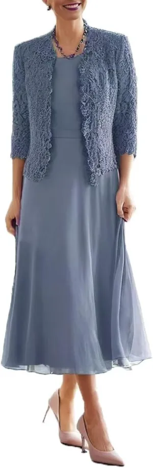 Tea Length Mother of The Groom Dress 2-Pieces Mother of Bride Dresses with Jacket Laces Chiffon Formal Evening Gowns