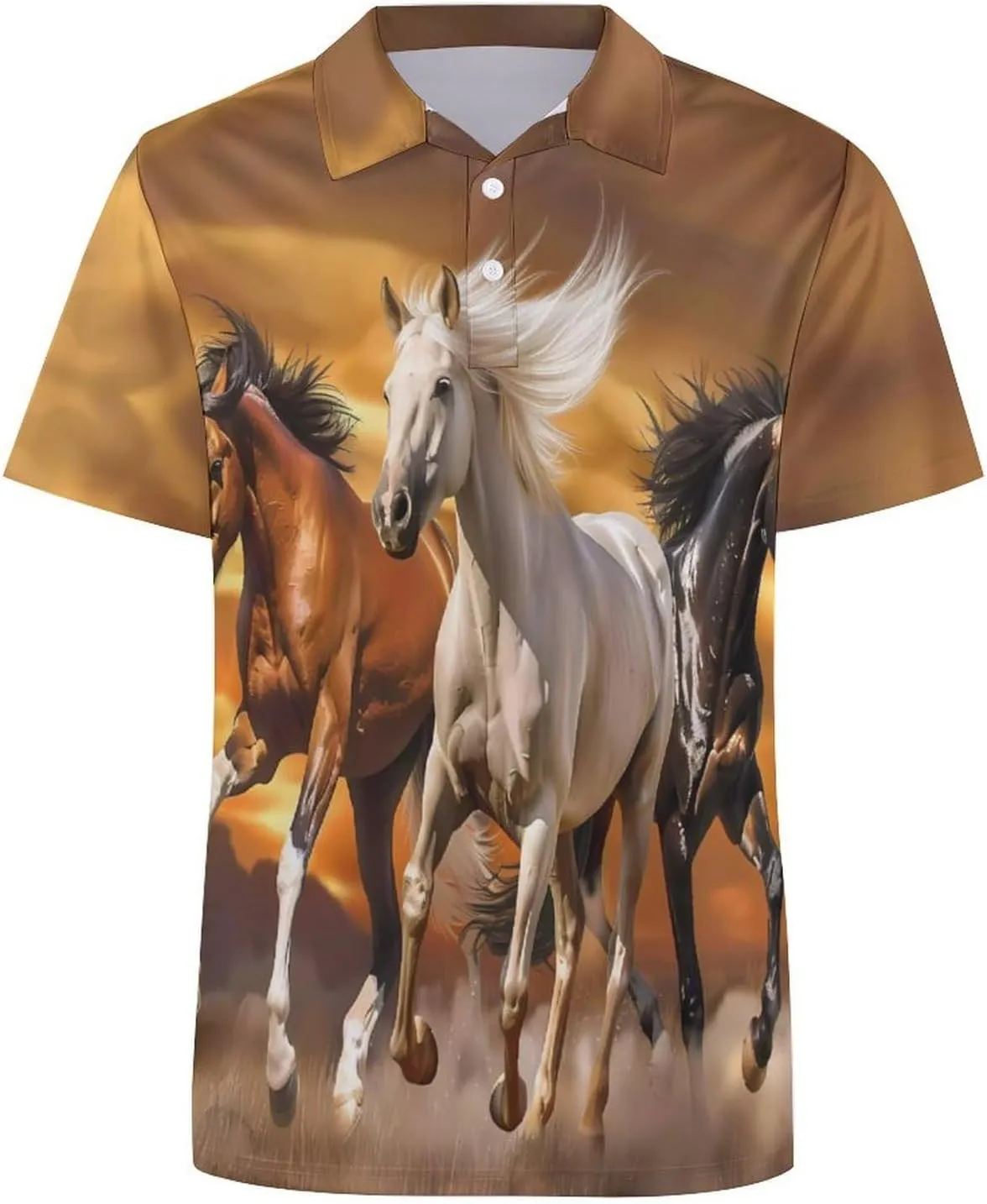 Three Running Horses Mens Polo Shirts Quick Dry Short Sleeve Golf Slim Fit T Shirt
