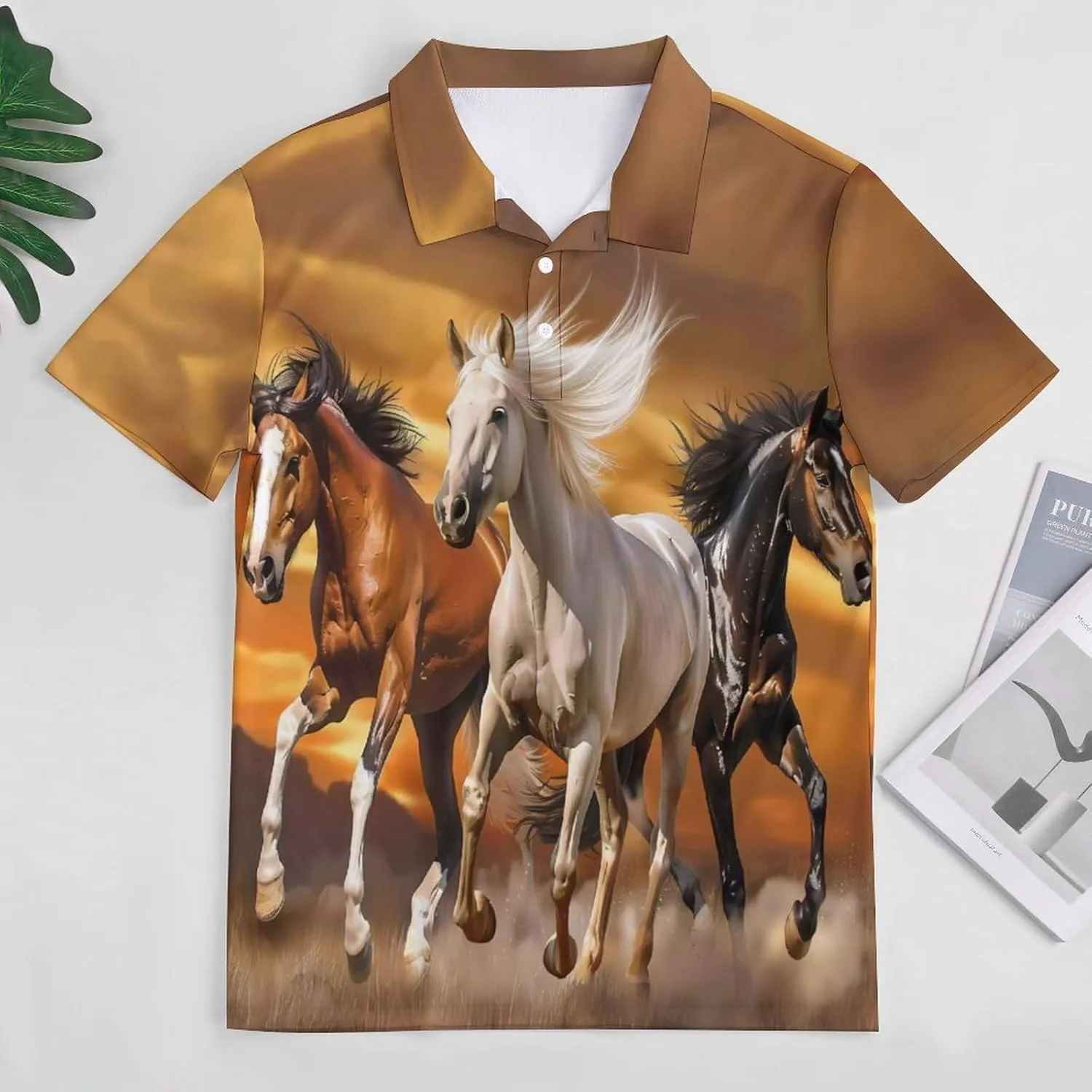 Three Running Horses Mens Polo Shirts Quick Dry Short Sleeve Golf Slim Fit T Shirt