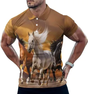 Three Running Horses Mens Polo Shirts Quick Dry Short Sleeve Golf Slim Fit T Shirt