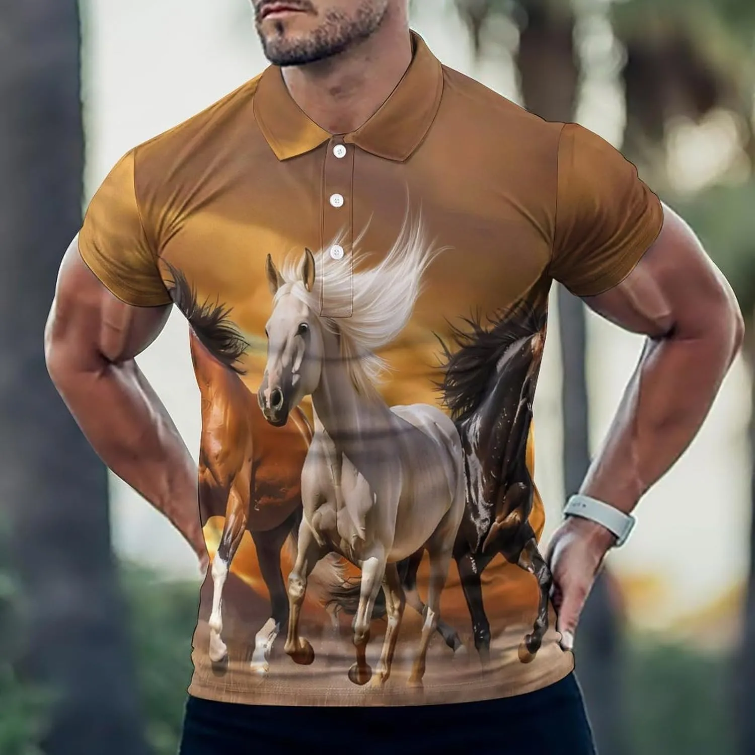 Three Running Horses Mens Polo Shirts Quick Dry Short Sleeve Golf Slim Fit T Shirt
