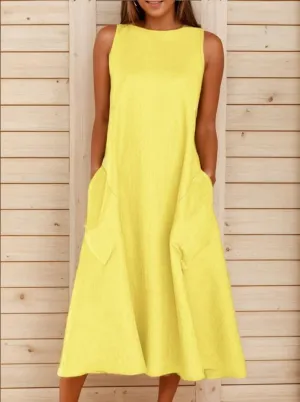 TIAFORD Women Casual Cotton Linen Sleeveless Maxi Dress Summer Crew Neck Loose Beach Flowy Long Tank Sun Dress with Pocket