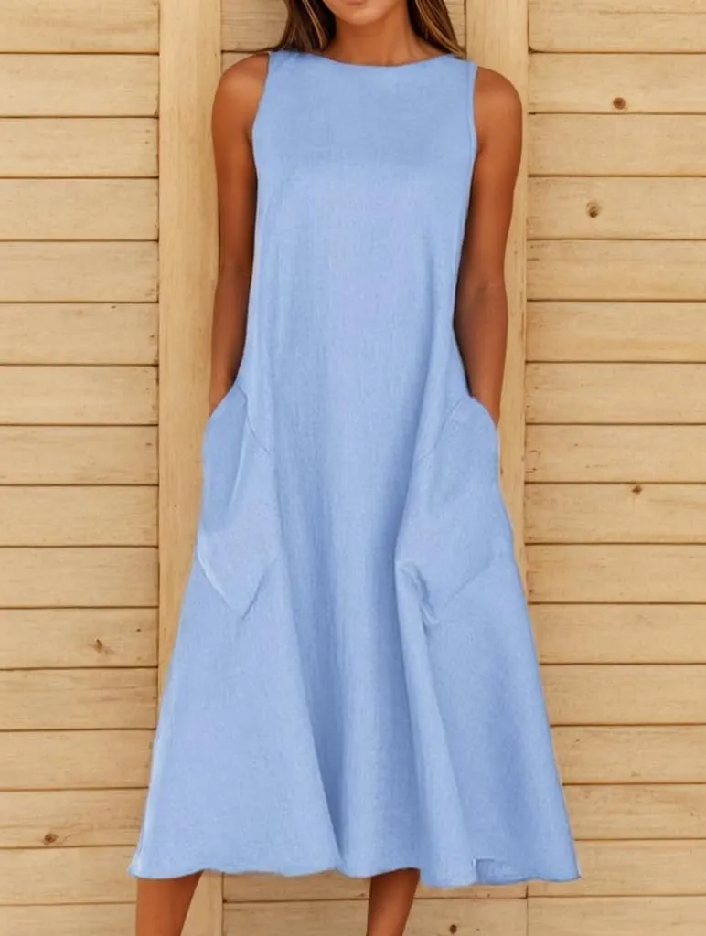 TIAFORD Women Casual Cotton Linen Sleeveless Maxi Dress Summer Crew Neck Loose Beach Flowy Long Tank Sun Dress with Pocket
