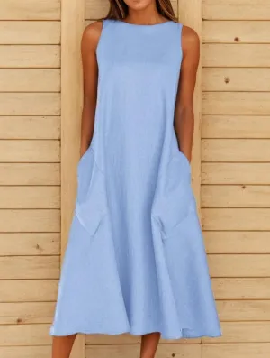 TIAFORD Women Casual Cotton Linen Sleeveless Maxi Dress Summer Crew Neck Loose Beach Flowy Long Tank Sun Dress with Pocket