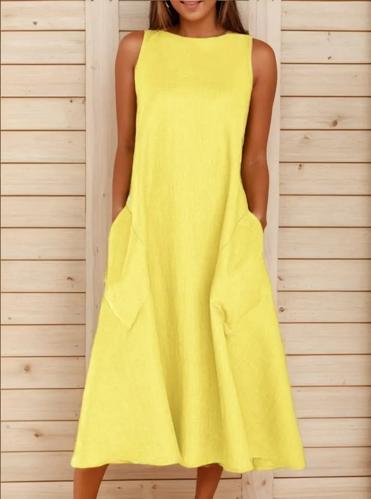 TIAFORD Women Casual Cotton Linen Sleeveless Maxi Dress Summer Crew Neck Loose Beach Flowy Long Tank Sun Dress with Pocket