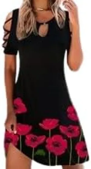TIAFORD Women Summer Boho Midi Dress Floral Print Cold Shoulder Short Sleeve Crewneck Casual Flowy Beach Vacation Sun Dress