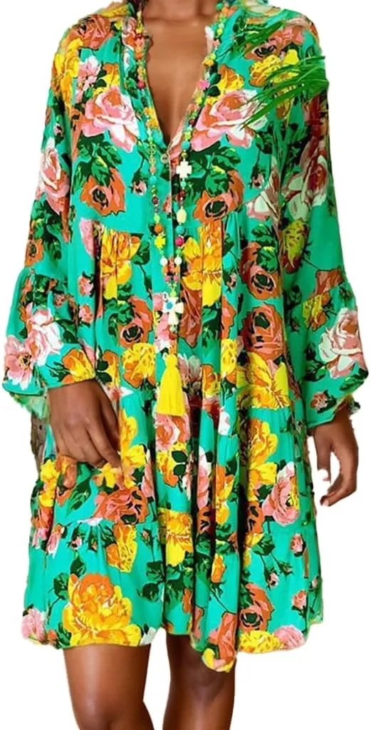 TIAFORD Women V Neck Floral Print Dress Casual Long Sleeve Tiered Boho Flowy Shift Midi Dress Summer Loose Beach Tshirt Dress
