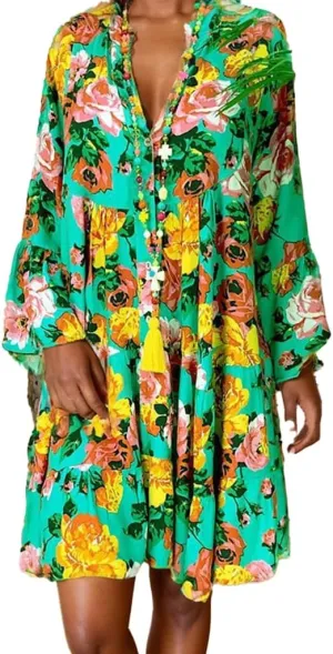 TIAFORD Women V Neck Floral Print Dress Casual Long Sleeve Tiered Boho Flowy Shift Midi Dress Summer Loose Beach Tshirt Dress