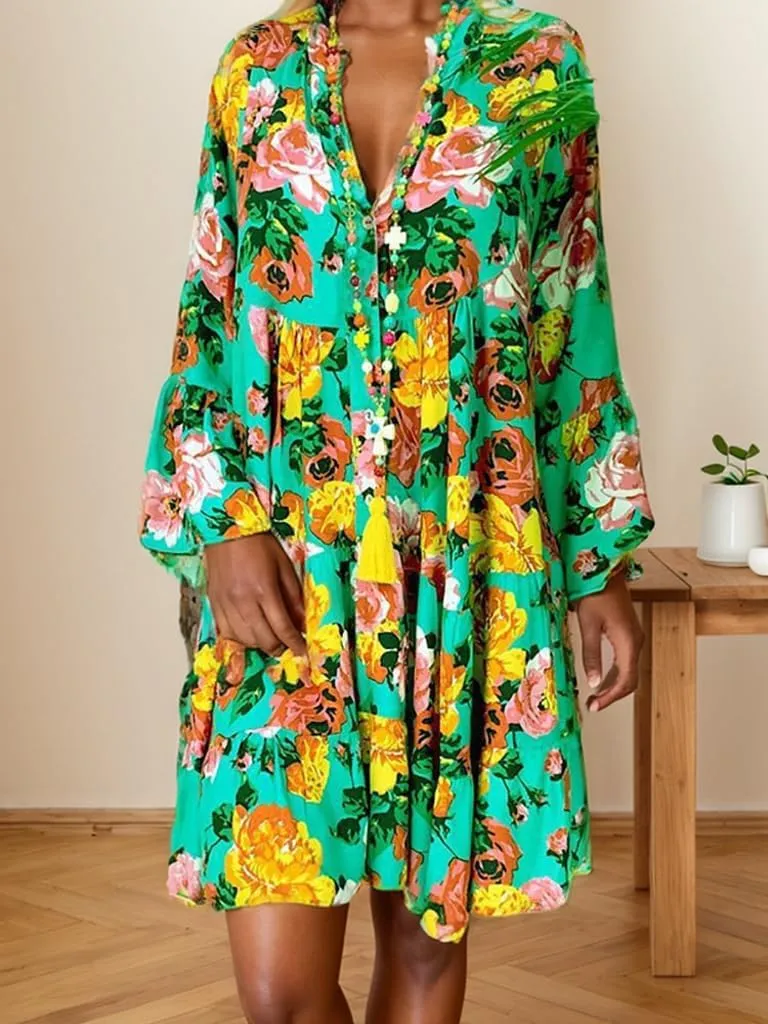 TIAFORD Women V Neck Floral Print Dress Casual Long Sleeve Tiered Boho Flowy Shift Midi Dress Summer Loose Beach Tshirt Dress