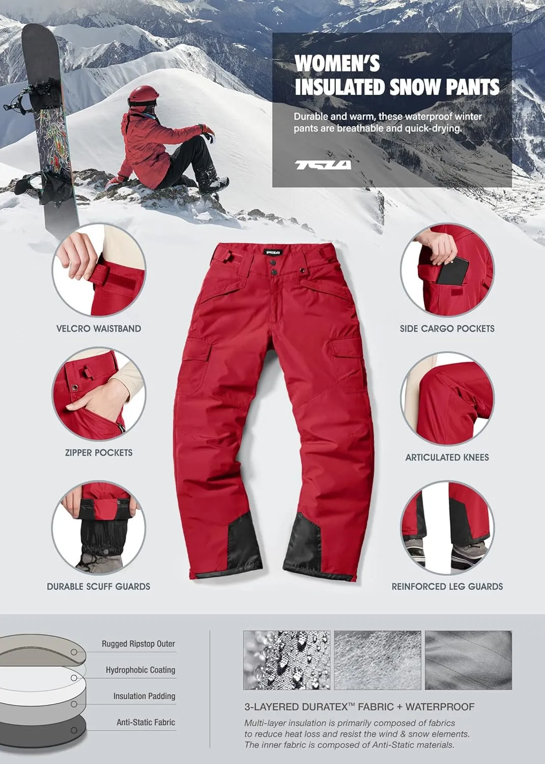 TSLA Women's Winter Snow Pants, Waterproof Insulated Ski Pants, Ripstop Snowboard Bottoms