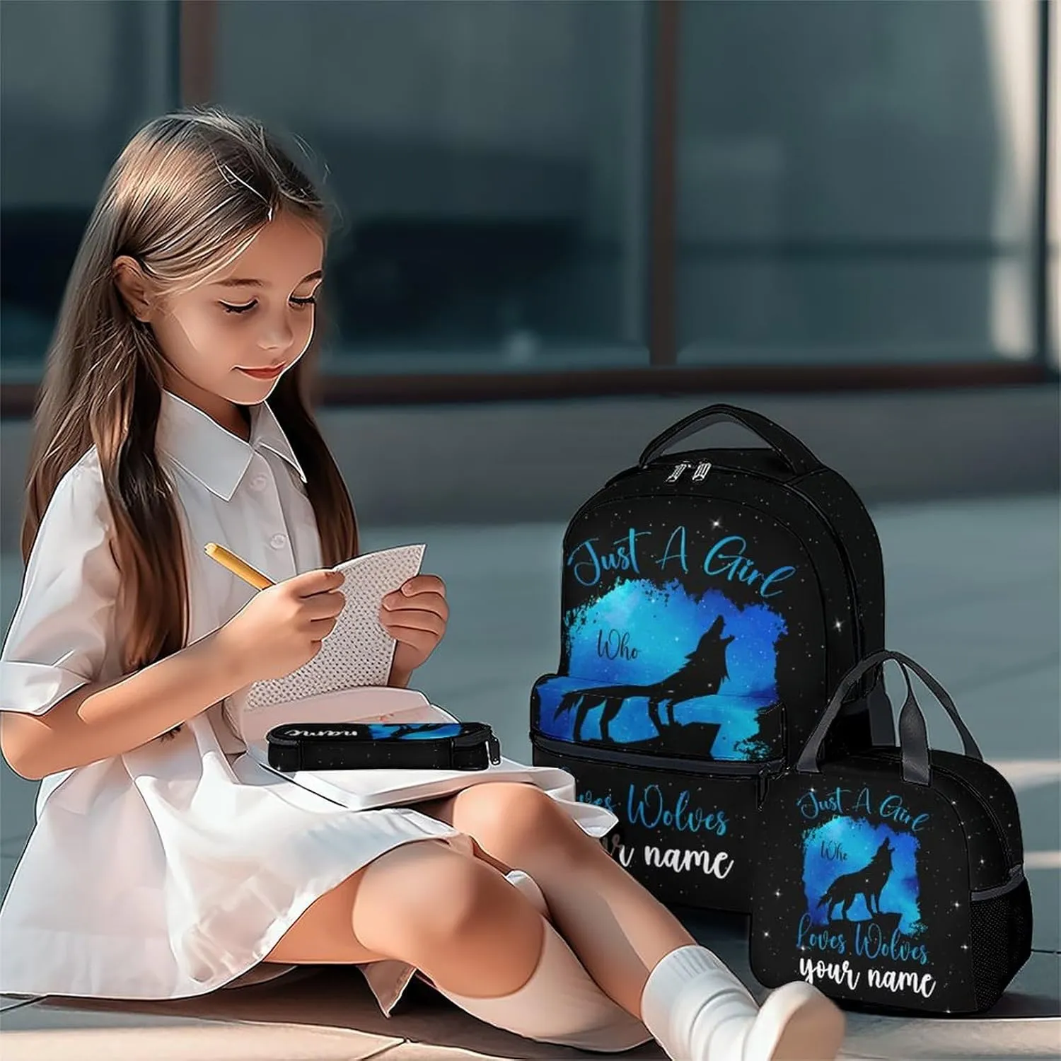 UNIKITTY Custom 3PCS Backpack for Girls, Wolf Backpack with Adjustable Straps, Elementary School Backpack Large Capacity Durable, 17" Black Cute Bookbag with Lunch Box and Pencil Case