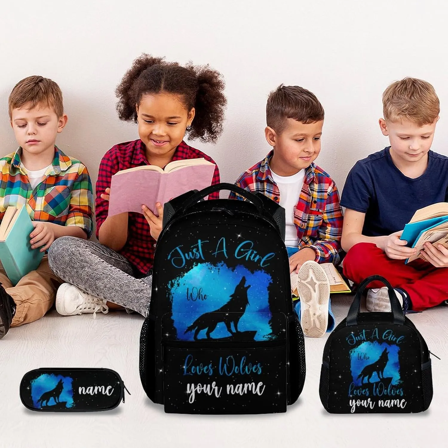 UNIKITTY Custom 3PCS Backpack for Girls, Wolf Backpack with Adjustable Straps, Elementary School Backpack Large Capacity Durable, 17" Black Cute Bookbag with Lunch Box and Pencil Case