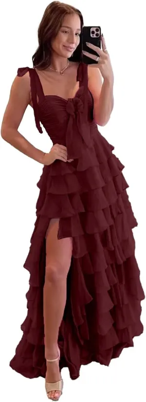 V Neck Tiered Chiffon Prom Dress for Teens Ruffle Prom Dresses for Women Women's A Line Formal Evening Gowns with Slit