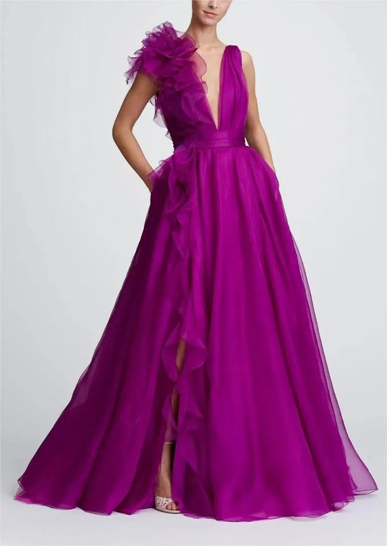 V Neck Tulle Prom Dresses for Women Sexy 3D Flower Split Long Formal Evening Dress A Line Floor Length Party Gown