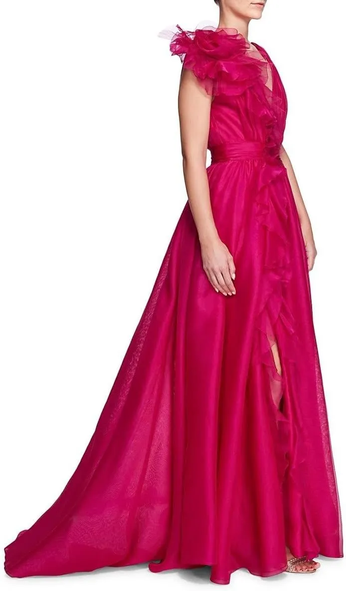 V Neck Tulle Prom Dresses for Women Sexy 3D Flower Split Long Formal Evening Dress A Line Floor Length Party Gown
