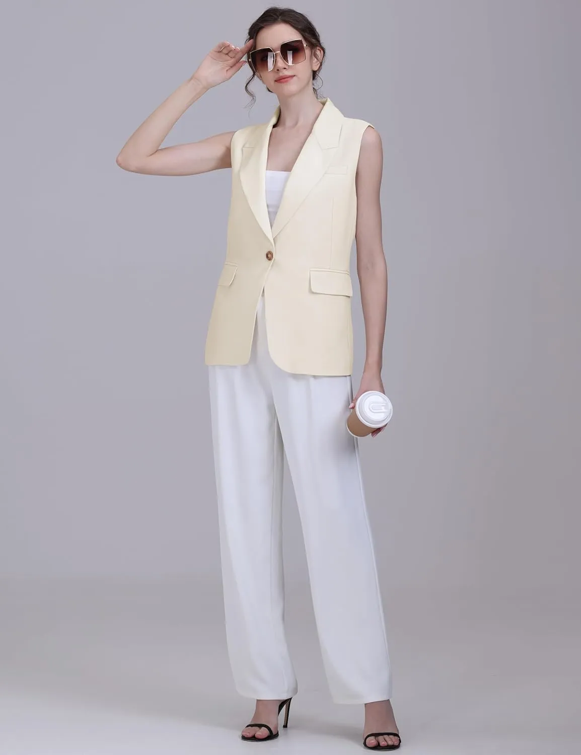 V VOCNI Sleeveless Blazer Vest for Women Vest Top Fully Lined One Button Casual Office Suit Vest Waistcoat
