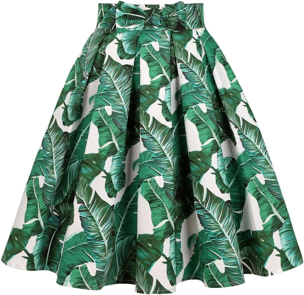 Valentine's Day Festival Rose Floral Print Black Skirt High Waist Vintage Cotton Midi Pleated Skirt BrightGreenLeaf Y S