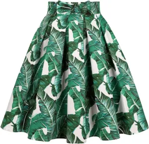 Valentine's Day Festival Rose Floral Print Black Skirt High Waist Vintage Cotton Midi Pleated Skirt BrightGreenLeaf Y S