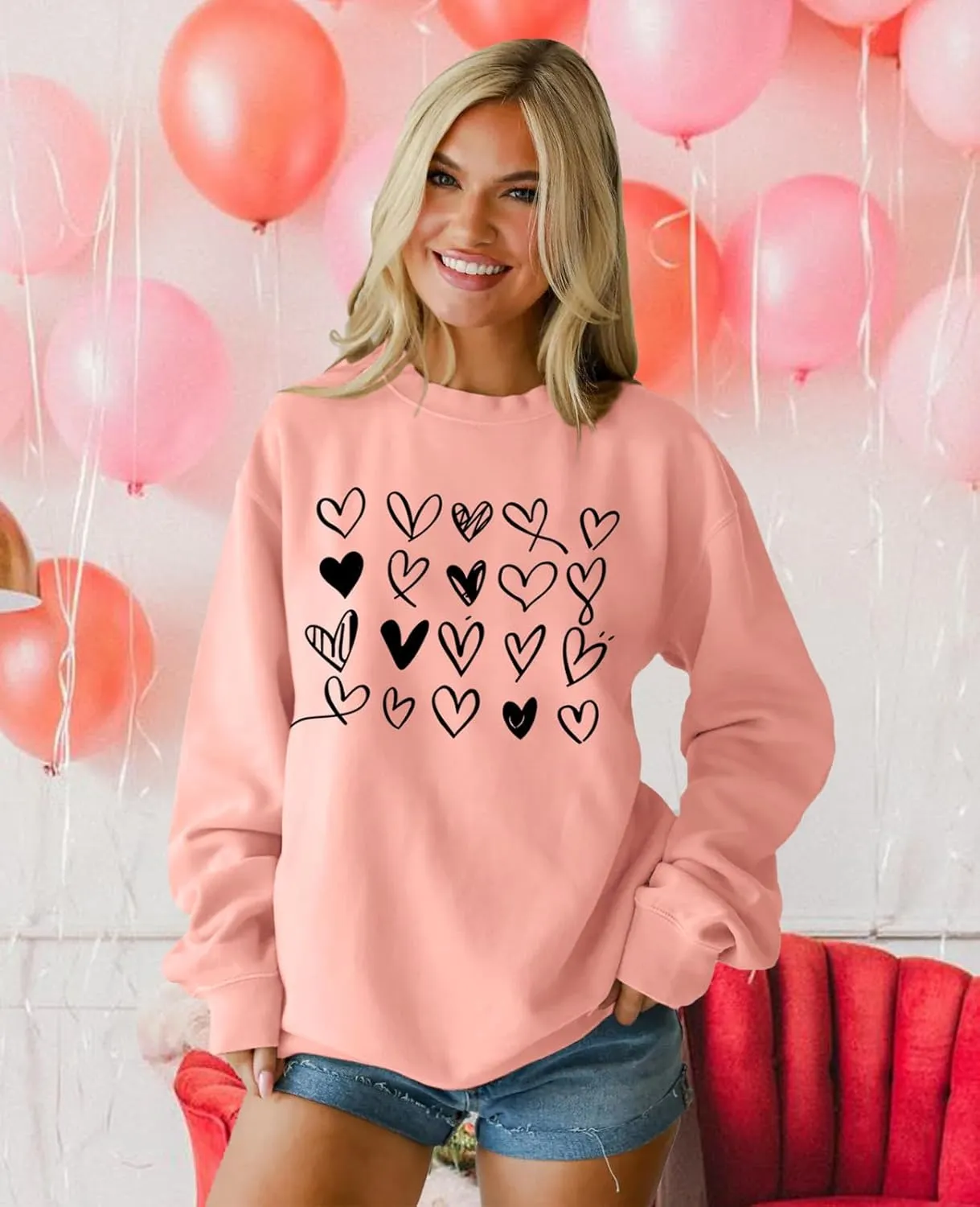 Valentines Sweatshirt Women Cute Love Heart Graphic Long Sleeve Shirts Casual Crewneck Pullover Tops