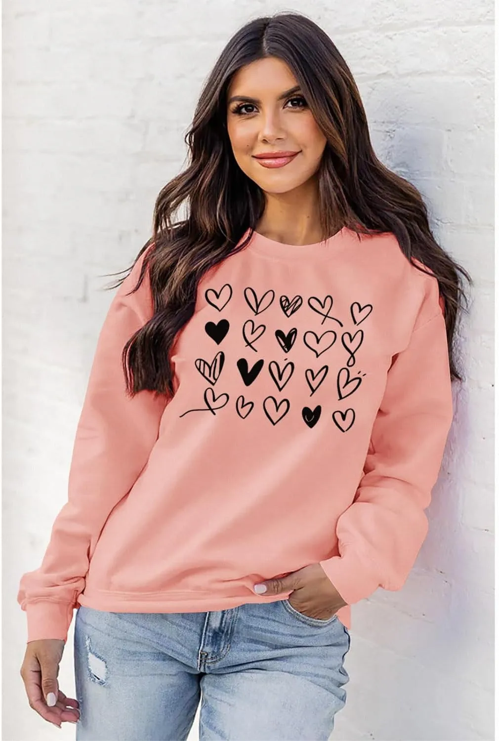 Valentines Sweatshirt Women Cute Love Heart Graphic Long Sleeve Shirts Casual Crewneck Pullover Tops