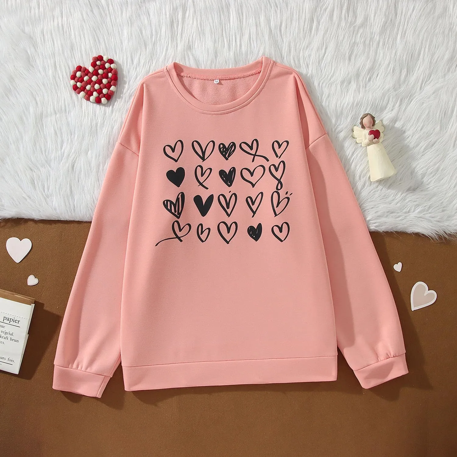 Valentines Sweatshirt Women Cute Love Heart Graphic Long Sleeve Shirts Casual Crewneck Pullover Tops