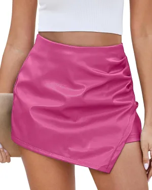 Vetinee Faux Leather Skorts for Woman High Waisted Pull On Shorts Elastic Waist Ruched Wrap Asymmetrical Skorts Skirts