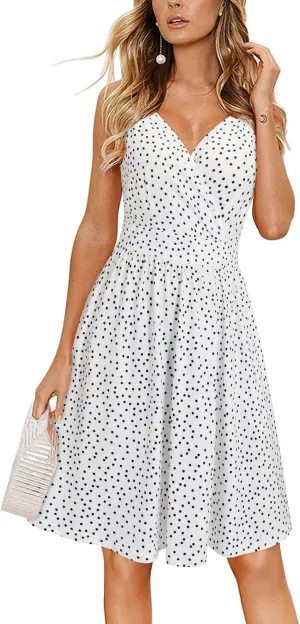 VOTEPRETTY Women's V Neck Floral Spaghetti Strap Sundress Casual Summer Party Swing Dress with Pocket