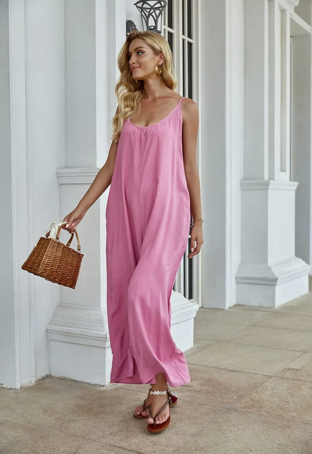 wexcen Jumpsuits for Women Floral Wide Leg Spaghetti Strap Sleeveless Casual Loose Ethnic Long Rompers with Pockets