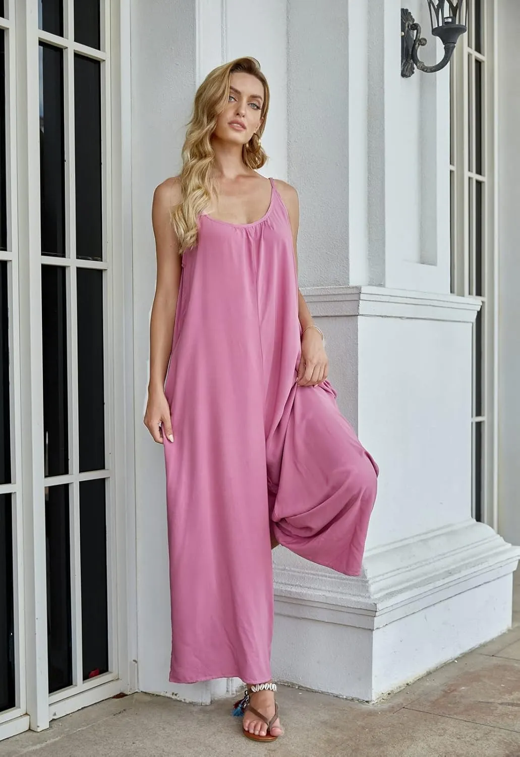 wexcen Jumpsuits for Women Floral Wide Leg Spaghetti Strap Sleeveless Casual Loose Ethnic Long Rompers with Pockets