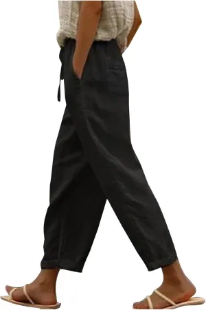 Wide Leg Baggy Pants for Women Summer Drawstring Cotton Linen Pants Beach Lounge Trousers with Pockets