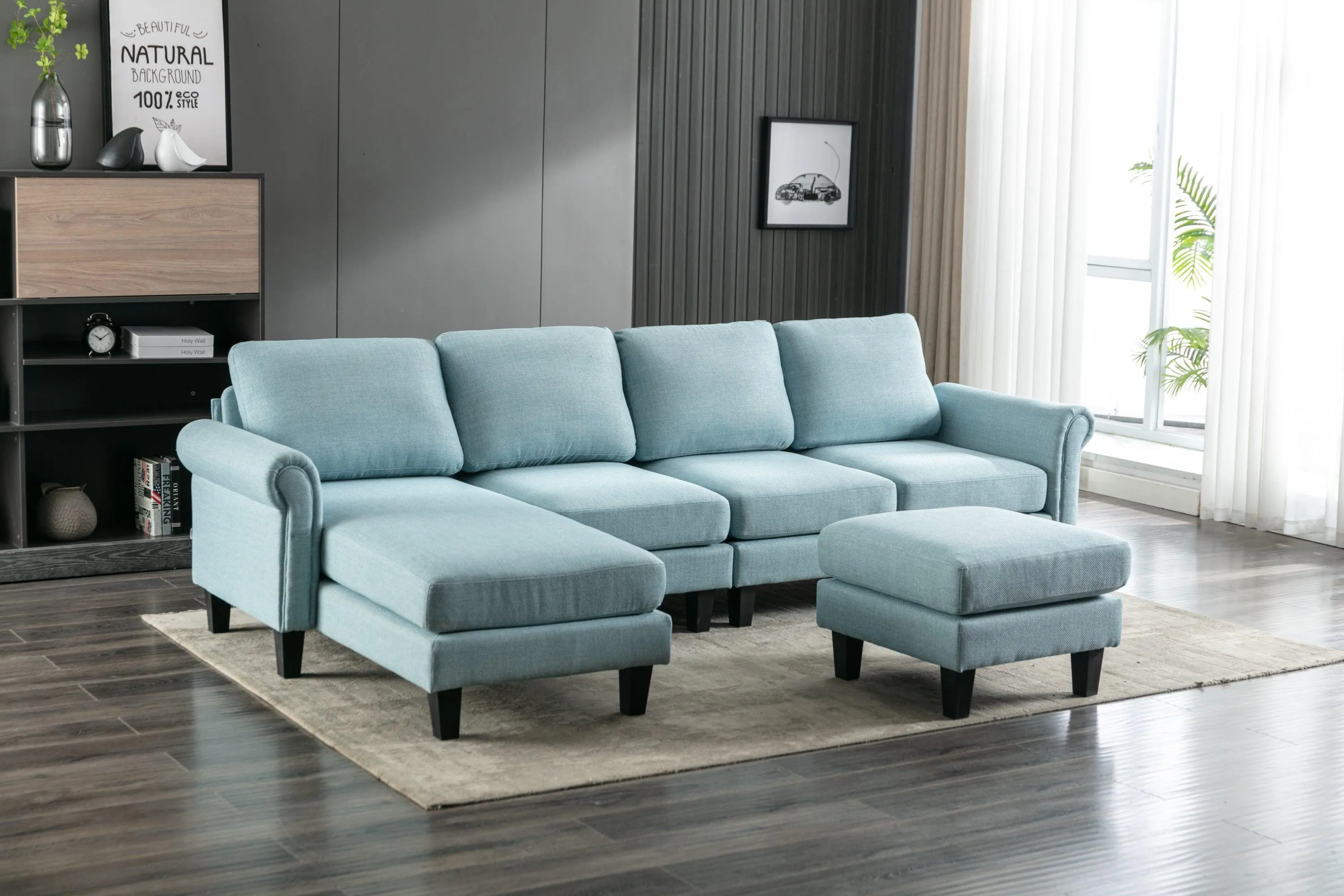 WIIS' IDEA Modern Living Room Fabric Sectional Sofa - Light Blue
