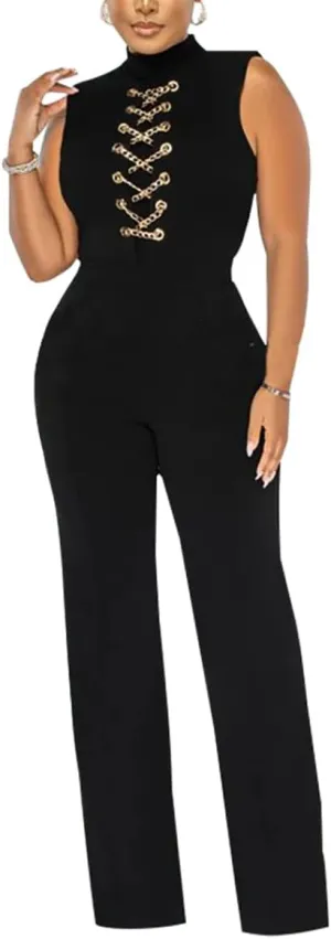 WOKANSE Jumpsuits for Women Dressy Sexy V Neck Sleeveless One Piece Outfits Mock Neck Wide Leg High Waist Formal Jumpsuit