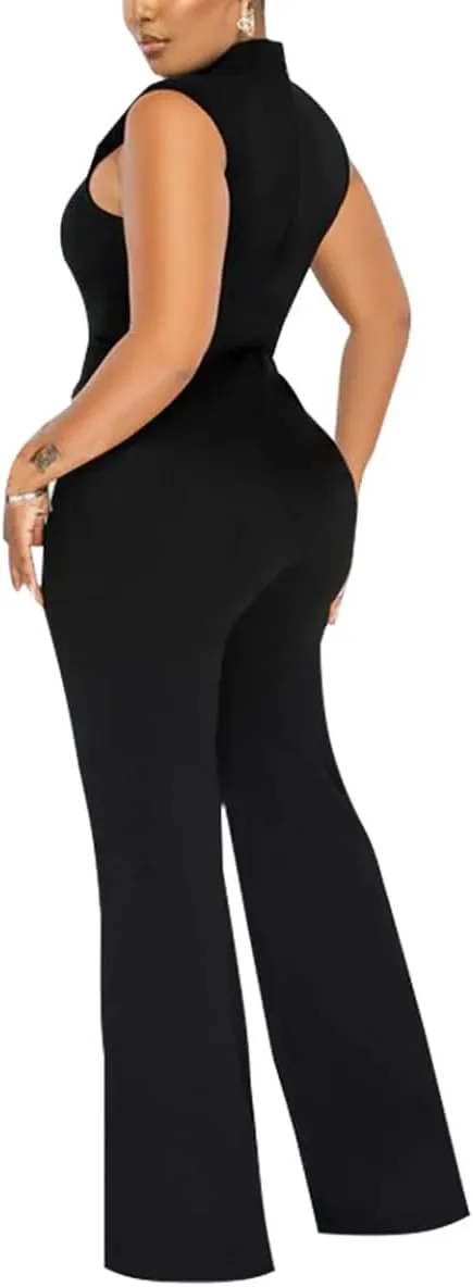 WOKANSE Jumpsuits for Women Dressy Sexy V Neck Sleeveless One Piece Outfits Mock Neck Wide Leg High Waist Formal Jumpsuit