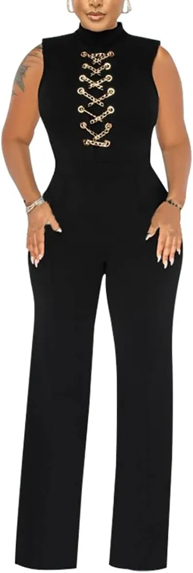 WOKANSE Jumpsuits for Women Dressy Sexy V Neck Sleeveless One Piece Outfits Mock Neck Wide Leg High Waist Formal Jumpsuit