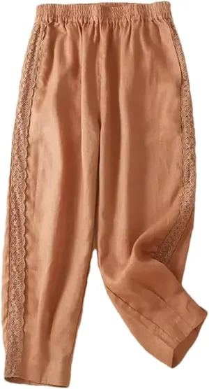 Women Casual Ankle-Length Pants Solid Cotton Linen Lace Elastic Waist Harem Pants