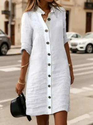 Women Casual Cotton Linen Tshirt Midi Dress Button Down Half Sleeve Stand Collar Loose Beach Flowy Shift Shirt Dress