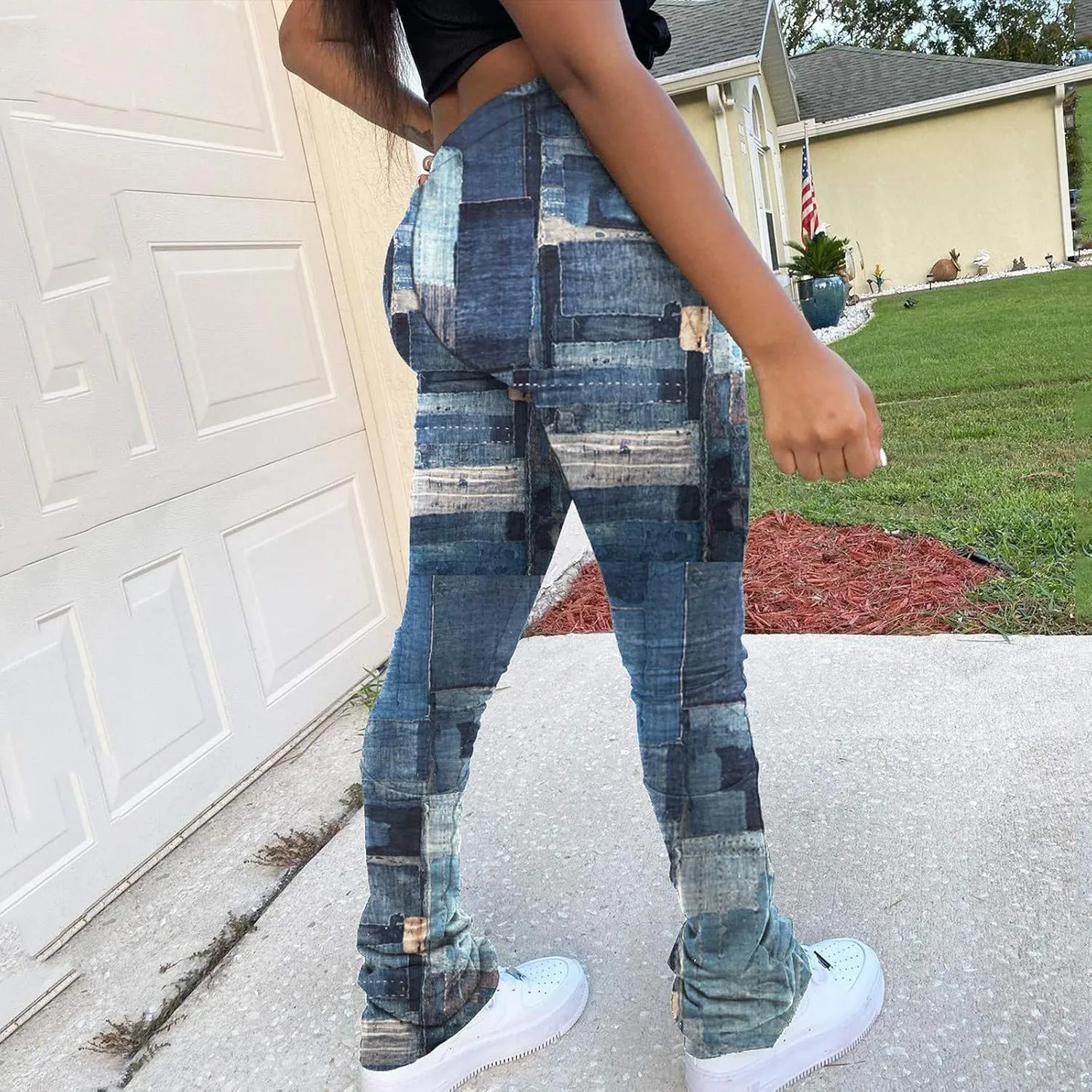 Women Casual Jeans Print Trousers High Waist Drawstring Stacked Pants Vintage Stretch Palazzo Trousers