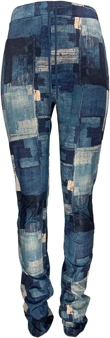 Women Casual Jeans Print Trousers High Waist Drawstring Stacked Pants Vintage Stretch Palazzo Trousers