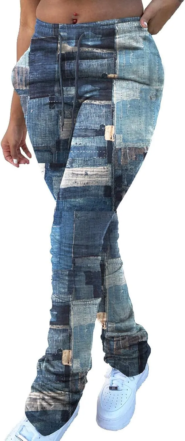Women Casual Jeans Print Trousers High Waist Drawstring Stacked Pants Vintage Stretch Palazzo Trousers