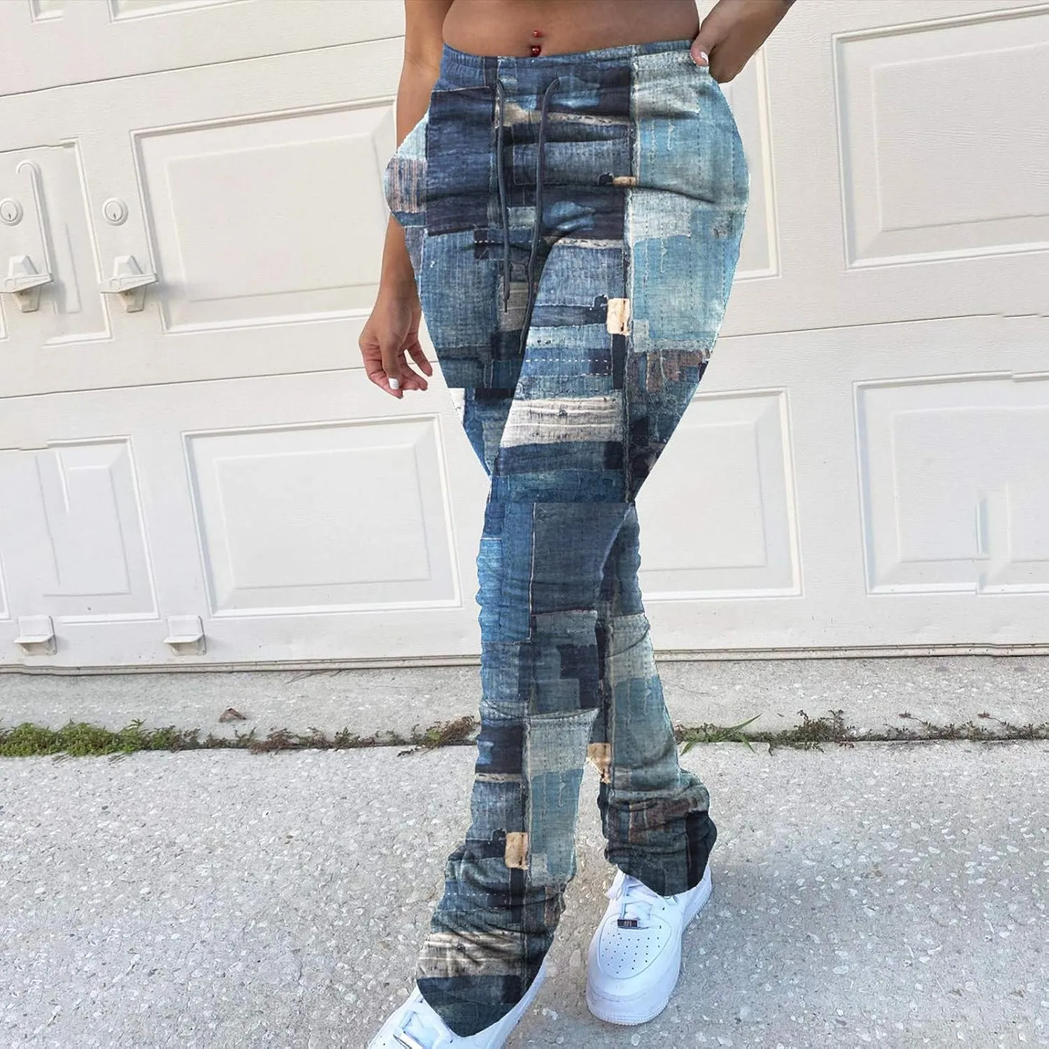 Women Casual Jeans Print Trousers High Waist Drawstring Stacked Pants Vintage Stretch Palazzo Trousers