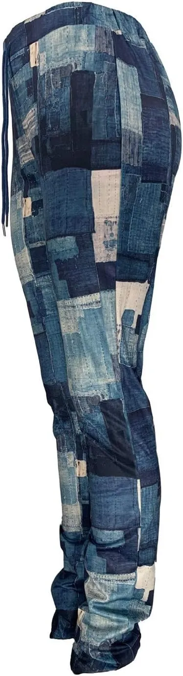 Women Casual Jeans Print Trousers High Waist Drawstring Stacked Pants Vintage Stretch Palazzo Trousers