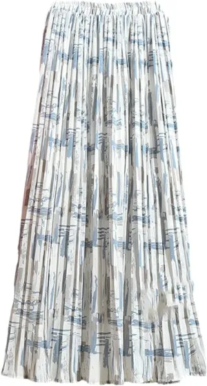 Women Chiffon Midi Pleated High Waist Skirts Floral Painting Printed Long Skirts
